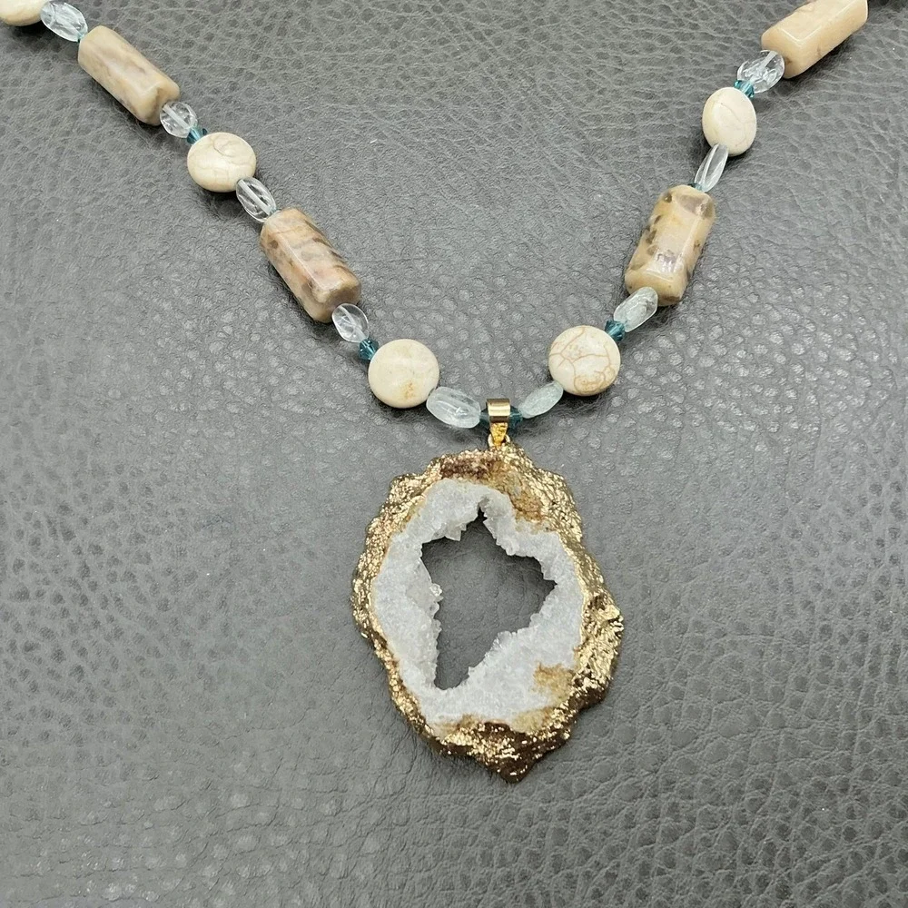 Geode Druzy Quartz Pendant Beaded Necklace Fossil Jasper Aqua Glass Beads Boho
